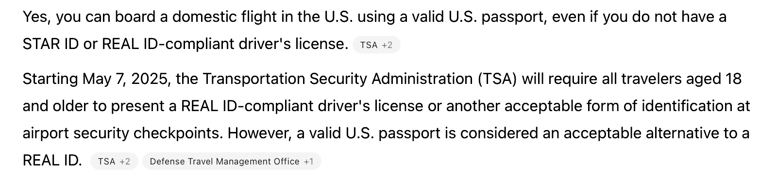 a screenshot from ChatGPT explaining that you can board domestic flights with a passport in lieu of a Star ID