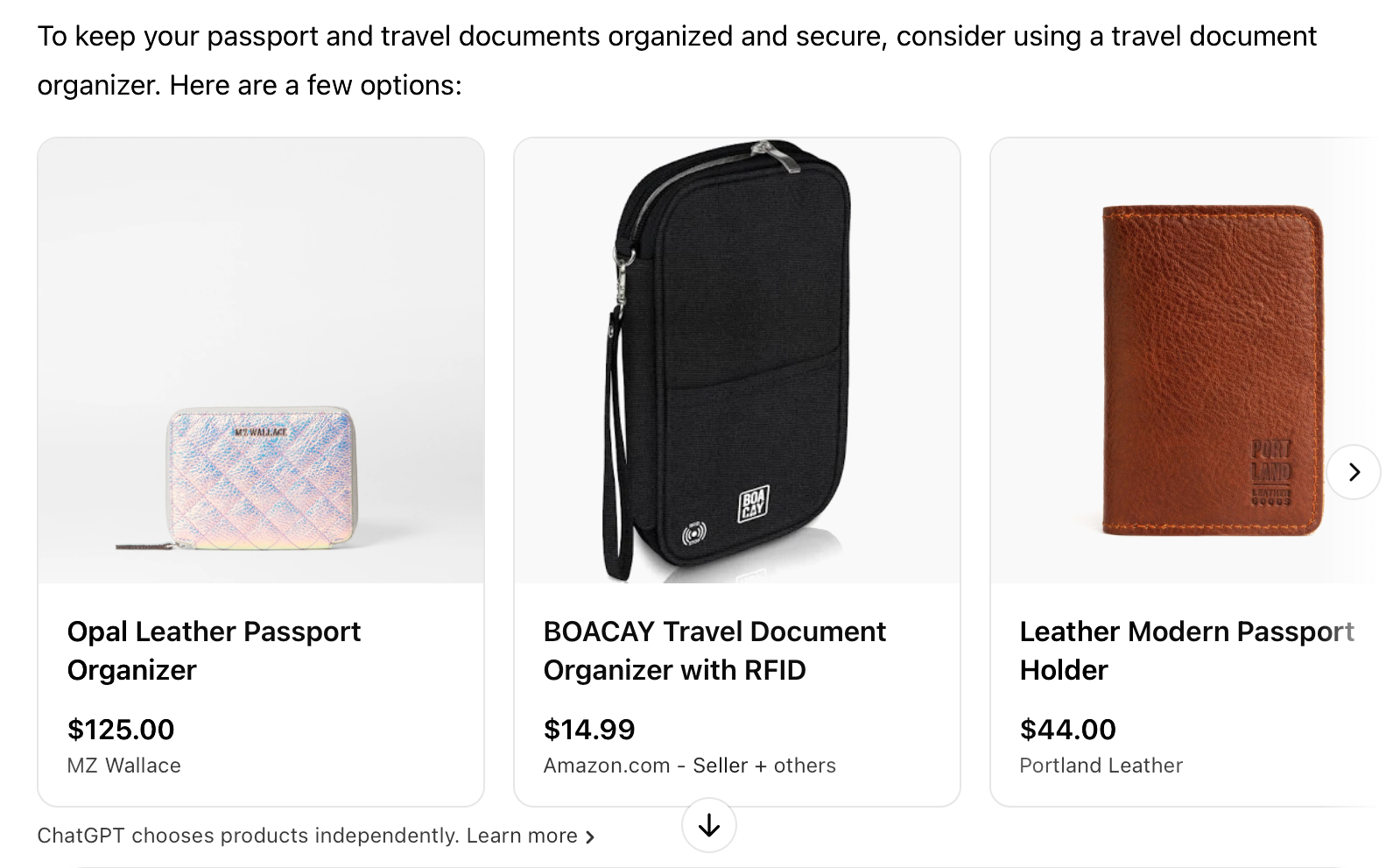 a screenshot from ChatGPT with ads for passport holders
